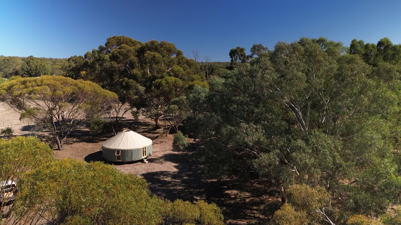 Drone view looking down over bushland to Tanya's finished 8m ORON roof among the gums
