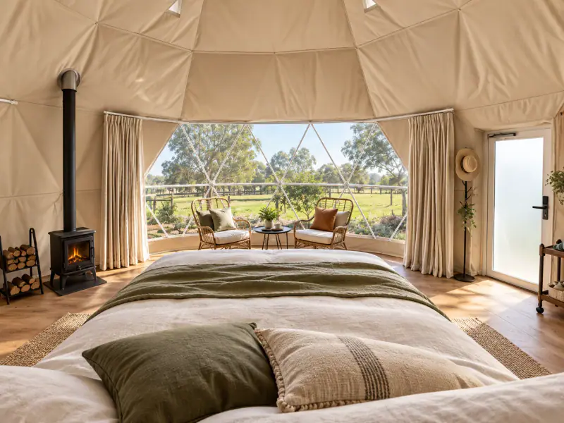 Bedroom inside a geodesic dome