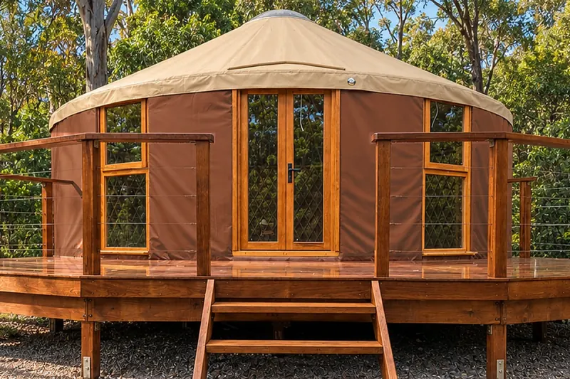 Red Ochre ORON yurt kit with hardwood double doors and windows on a timber deck