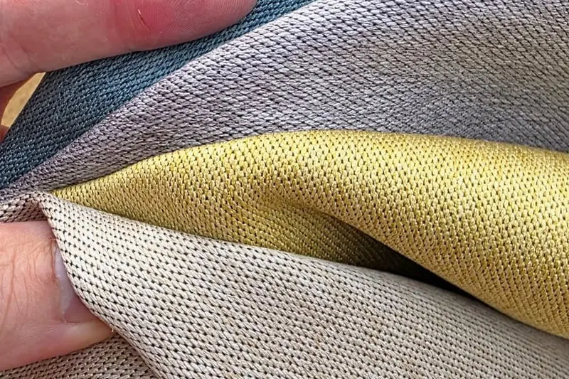 Hemp-cotton lining samples in blue, mauve, mustard and natural tones