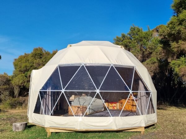 a Geodesic Dome in off-white colour on a sunny day in Western Australia