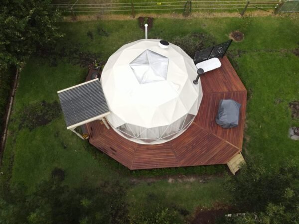 a drone image of a glamping camping dome home in Australia