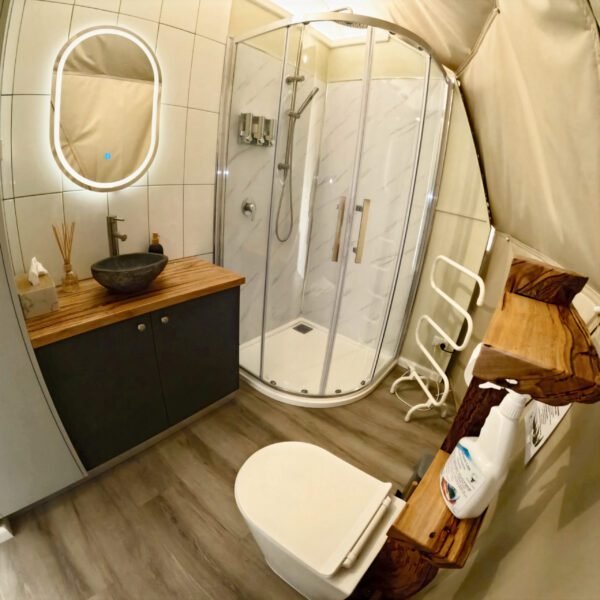 Bathroom in a Geo Dome with shower and composting toilet