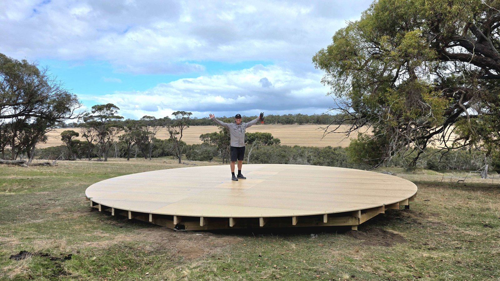 Raised timber yurt platform on a rural Australian block